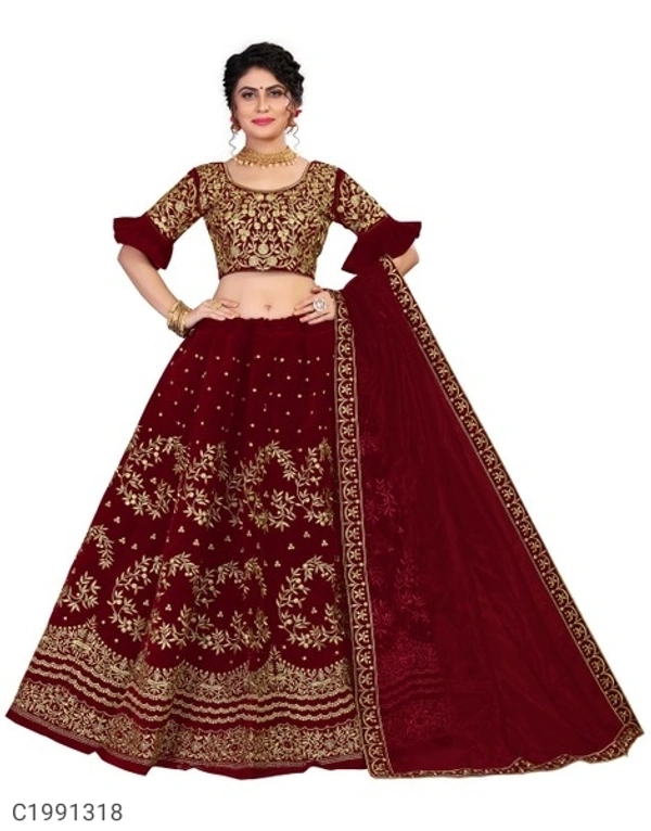 Authentic Embroidered Velvet Lehengas (SC1991319)  - Maroon, Sidhu Collection 