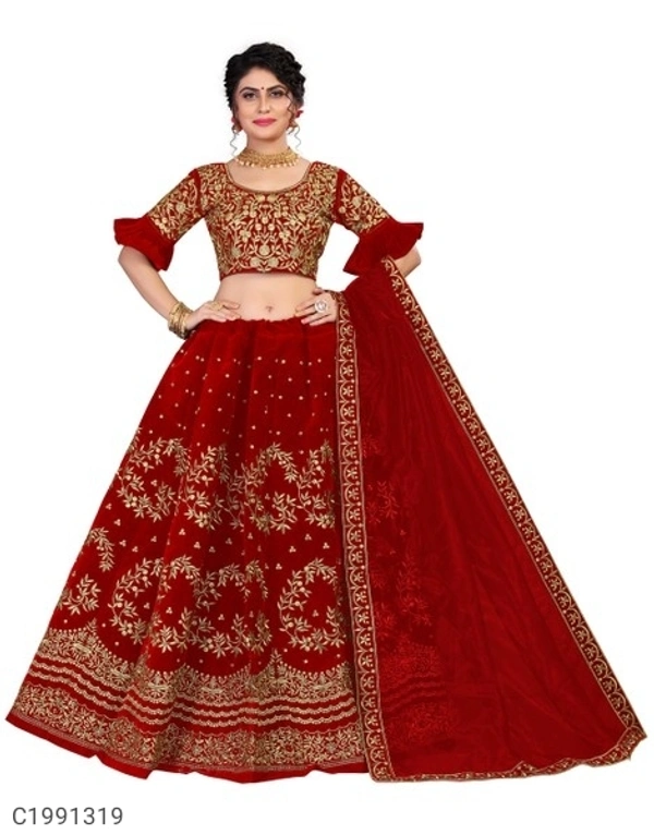  Authentic Embroidered Velvet Lehengas (SC1991319)  - Red, Sidhu Collection 