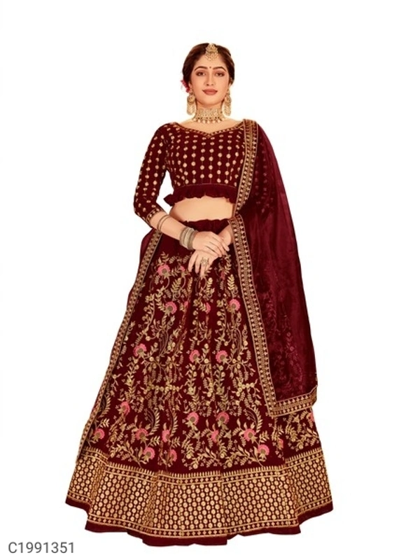 Beautiful Embroidered Velvet Lehengas (SC1991349)  - Maroon , Sidhu Collection 
