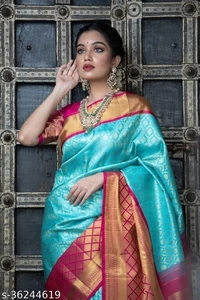 Beautiful Designer Kanjeevaram silk Saree (SCS36244619)  - Turquoise Blue , Sidhu Collection 