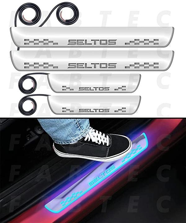 Motowav Car Door Foot Step with Mirror Finish Led Sill Plate Compatible for Kia Seltos (Set of 4) (Blue) - Free Size, Blue, New, Plastic
