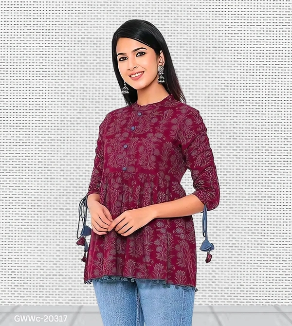 GWWc-20317 Wine Printed Ragular Top For Women - M