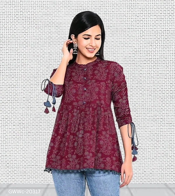 GWWc-20317 Wine Printed Ragular Top For Women - M
