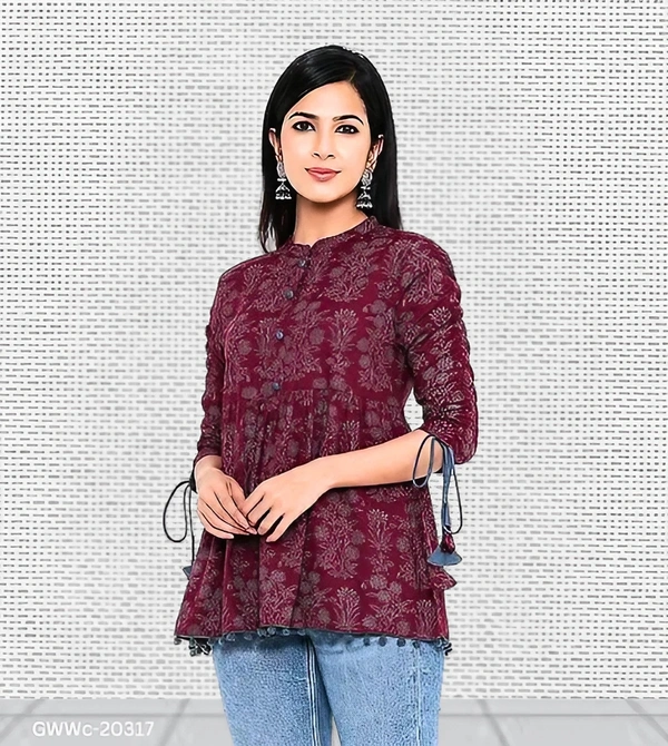 GWWc-20317 Wine Printed Ragular Top For Women - M