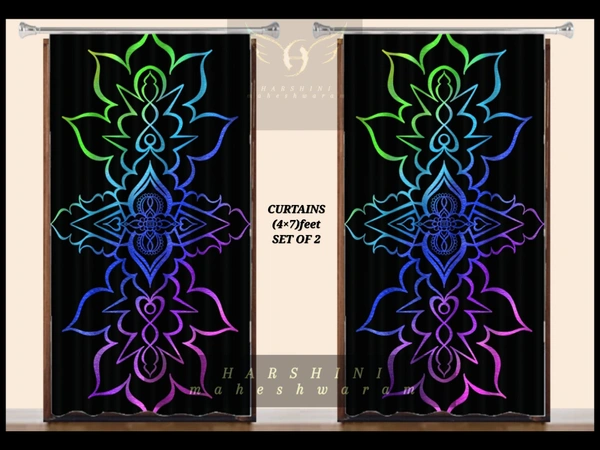 CURTAINS SET OF 2- Floral Mandala Art- By Harshini Maheshwaram - Black, 4×7 FEET