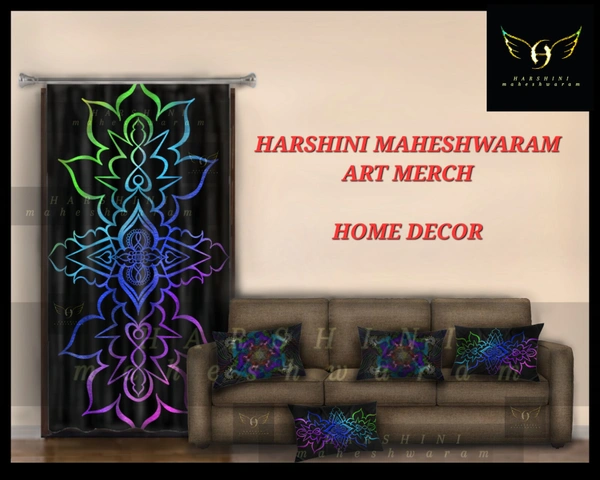 COMBO- 1 CURTAIN AND 4 CUSHION COVERS- Floral Mandala Art- By Harshini Maheshwaram - Black, (4×7Feet Curtain)(17"×27"Pillow)