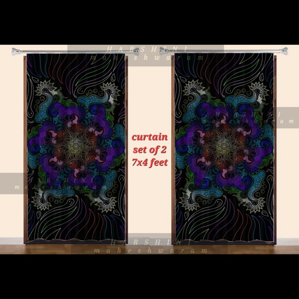 CURTAINS SET OF 2- Floral Mandala Art- By Harshini Maheshwaram - Black, 4x7 feet