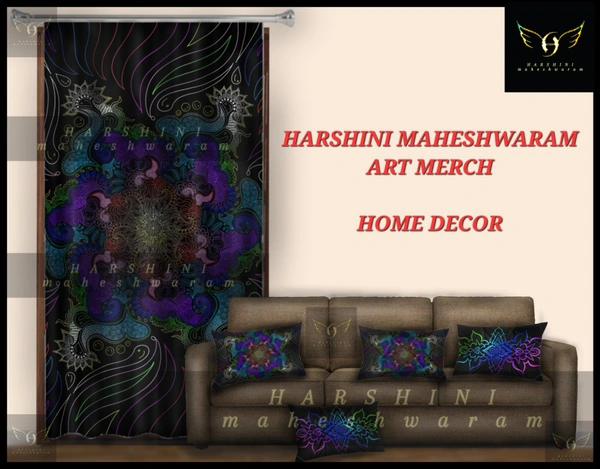COMBO- 1 CURTAIN AND 4 CUSHION COVERS- Floral Mandala Art- By Harshini Maheshwaram - Black, (4×7Feet Curtain)(17"×27"Pillow)