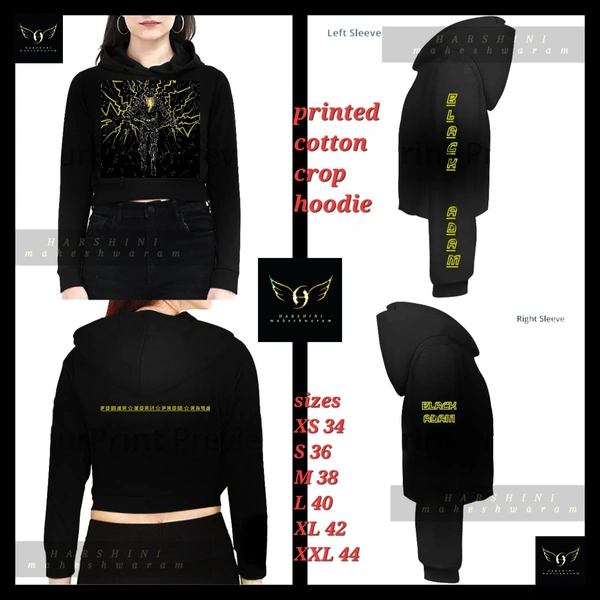 PRINTED FULL SLEEVES CROP HOODIE - Black Adam Art- By Harshini Maheshwaram