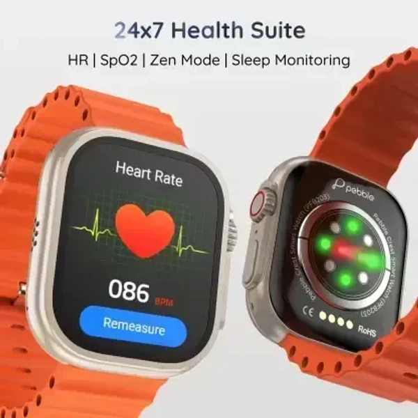 Pebble Crest 2.02"Infinite Display,Rugged Design,BT Calling,Rotating Crown,Health Suite Smartwatch  (Orange Strap, Free Size) - Orange