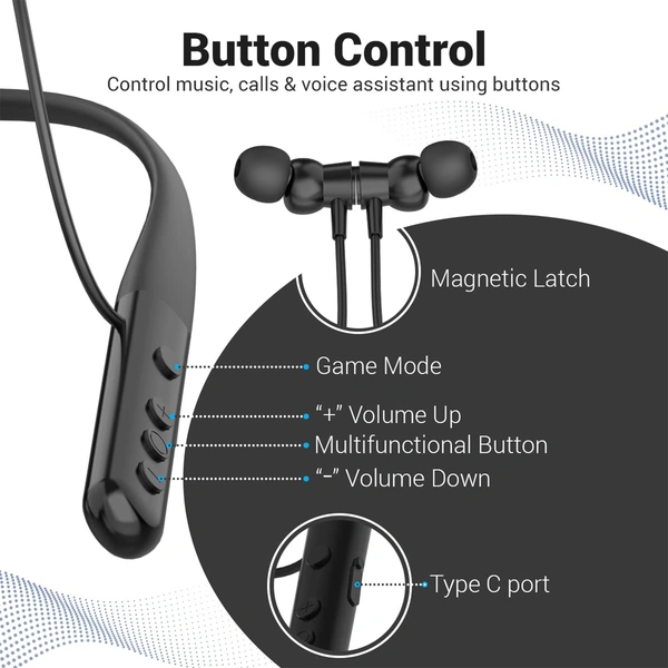 Portronics Harmonics Z4 Wireless Bluetooth 5.3 Neckband in Ear Earphones with Mic, 30Hrs Playtime, Gaming Mode, Voice Assistance, Magnetic Latch, IPX4 Water Resistant, Type C Fast Charging (Black)