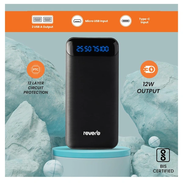 Reverb PB100 | 10000 mAh | 12W Power Bank | Dual USB Output | Type C and Micro Options for Input (Black)
