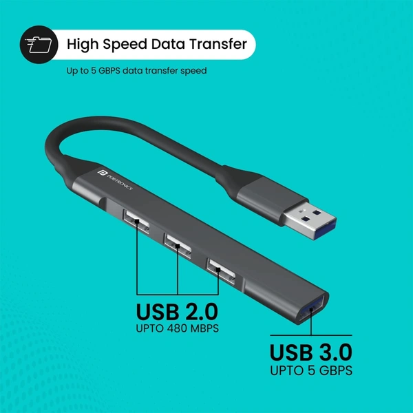 Portronics Mport 31 USB Hub (4-in-1), Multiport Adapter with 1 x USB 3.0 & 3 x USB 2.0 Ports, up to 5 Gbps High Speed Data Transfer for Laptop/PC (Grey)