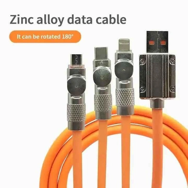 VEV Mobile Phone Type C Micro USB 180 Degree Rotating Multi USB Charger Adapter Cable Kit 3in1 Fast Charging Cable (Orange)
