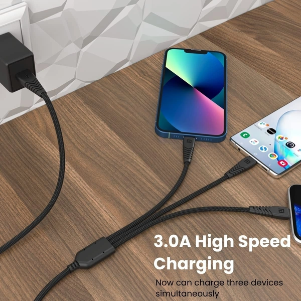 PORTRONICS Portronics Konnect A Trio 3-in-1 Multifunctional Cable 3.0A Total 1.5 m for Micro USB for iOS and Type C Mobile Phones (Black) - Black