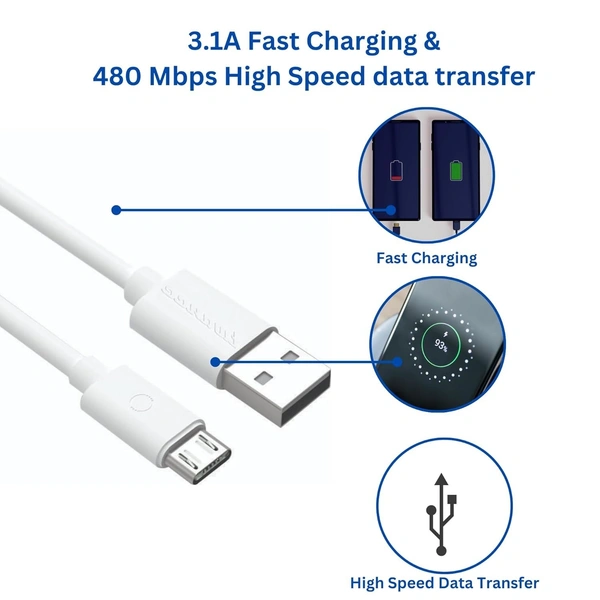 MORBI Morbi Super Fast Superior & Durable Safe And Fast Charging Type-Micro Cable 1m Thunder-2 (18W) (White) - White, Micro-Cable