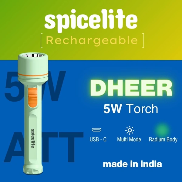 Spicelite Dheer 5W LED Torch – Premium LED Flashlight| 4X Torch Life| Heavy Duty Rechargeable Flashlight | Long Battery Life, and Rugged Design for Outdoor, Indoor, Emergency, and Daily Use, (White) - White