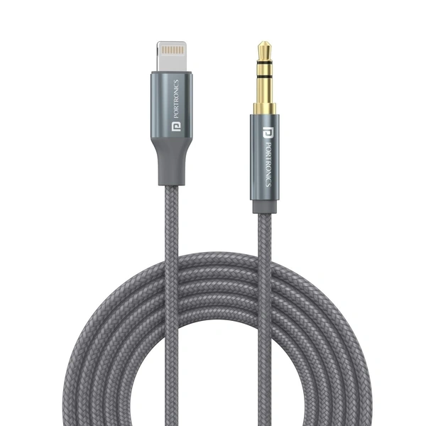 PORTRONICS Portronics ikonnect L+ 8Pin to 3.5mm Aux Cable with 1M Length, Nylon Braided, Metal Heads, Gold Plated Connector Compatible with Cars, Mobiles, Headphones & Home Theatres(Black) - Black