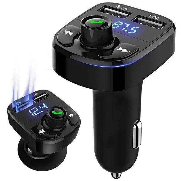 VEV CARX8 Universal Wireless Bluetooth FM Transmitter in Car Adapter for Hands-Free Call Receiver- Stereo Music Player- TF Card - Aux Connector & 2 USB Charger with Modular LCD Display (Black)