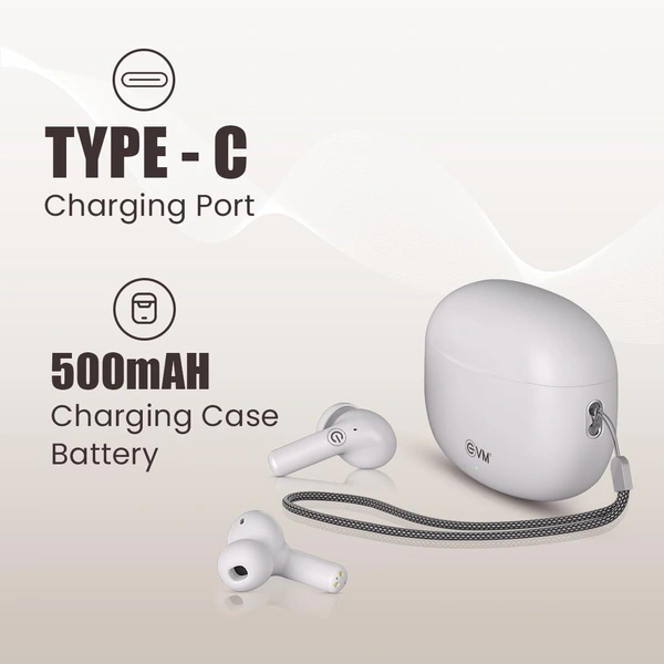 EVM EnZest Neo True Wireless Earbuds - 500mah Case Battery - 25Hrs Playtime - Voice & Touch Assistant (EVM-TWS-K12-White) - White