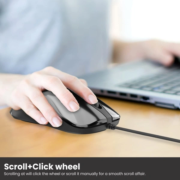 Portronics TOAD 26 Wired Optical Mouse with 1500 DPI, Optical Orientation, Click Wheel, 1.35M Cable Length (Black)