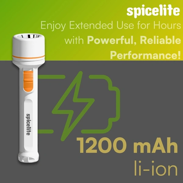 Spicelite Dheer 5W LED Torch – Premium LED Flashlight| 4X Torch Life| Heavy Duty Rechargeable Flashlight | Long Battery Life, and Rugged Design for Outdoor, Indoor, Emergency, and Daily Use, (White) - White
