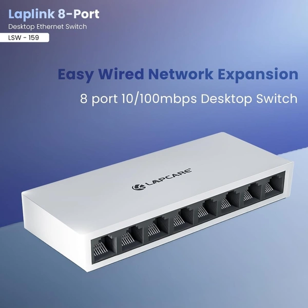 LAPCARE LAPLINK 8-Port 10/100Mbps Ethernet Switch – Plug & Play Unmanaged Network Switch with 1.6Gbps Bandwidth, Auto-Negotiation, IEEE 802.3 Compliance, LED Indicators, DC 5V Power (WHITE)