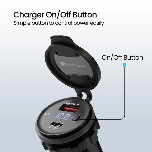 Portronics SPARK 51W Multi-Vehicle Phone Charger, 33W Type-C Power Delivery, 18W USB Fast Charging, Type-C & USB Dual Output, for Motorcycles & Scooters (Black)