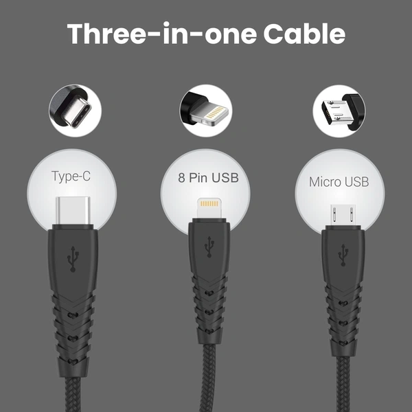 PORTRONICS Portronics Konnect A Trio 3-in-1 Multifunctional Cable 3.0A Total 1.5 m for Micro USB for iOS and Type C Mobile Phones (Black) - Black