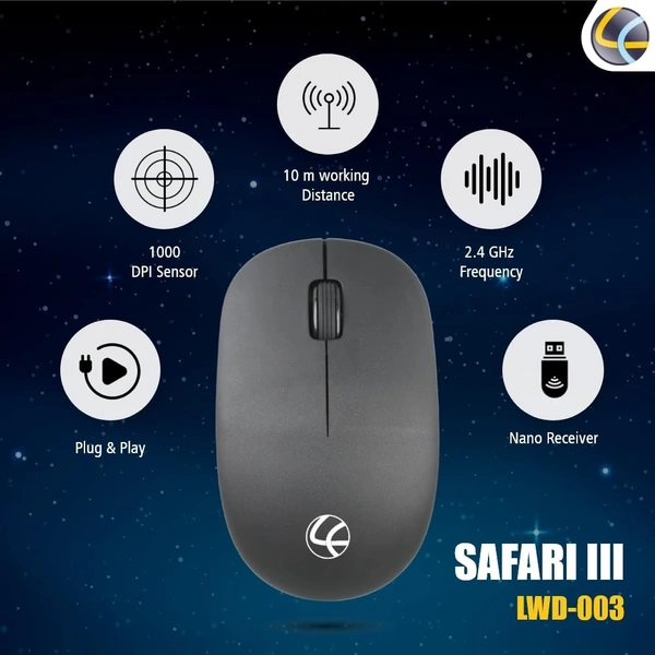 Lapcare LAPCARE SAFARI III Wireless Optical Mouse with 2.4 Ghz 1600 DPI and Optical Sensor (Black)