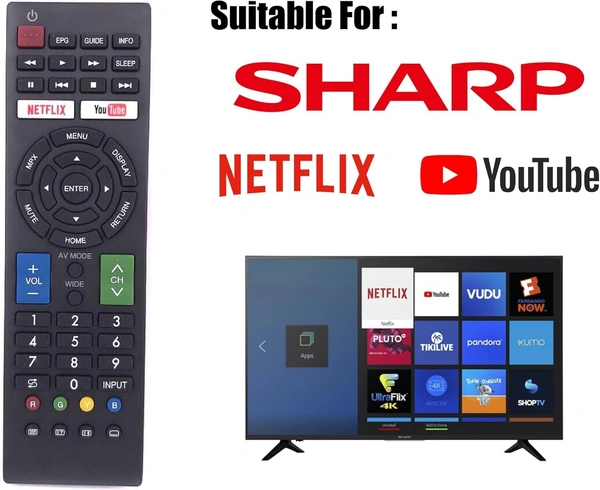 VEV Sharp Remote Control Compatible For Sharp TV RM-L1346 LCD/LED With NETFLIX Function (Black)