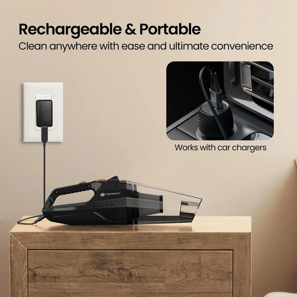 Portronics MOPCOP Rechargeable Handheld Vacuum Cleaner for Home & Car, Washable HEPA Filter, Multi-Function Nozzles, Deep Cleaning, Cordless, Dry Vacuum, for Home Appliances (Black)