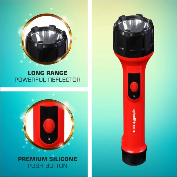 Spicelite  SPICELITE Delta 3W LED Rechargeable Torch| Reliable, and Built to Last with ABS Housing| USB Type-C Fast Charging| Bright Flashlight| Sharp Focus| Long Range Torch - Red
