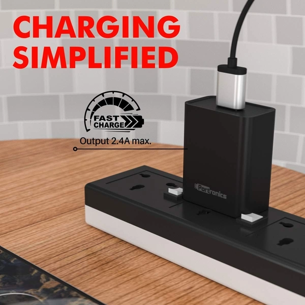 Portronics Adapto 62 C 2.4A 12W Fast Wall Charger with 1M Type C Cable, BIS Certified, Single USB Charging Adapter (Black)