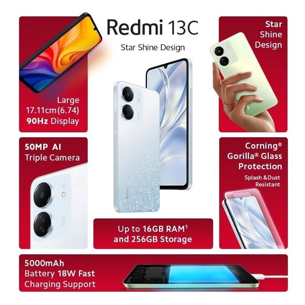 REDMI Redmi Smart Phone13 C (Starshine Green, 8GB RAM, 256GB Storage) | Powered by 4G MediaTek Helio G85 | 90Hz Display | 50MP AI Triple Camera - Green, 8 GB, 256 GB