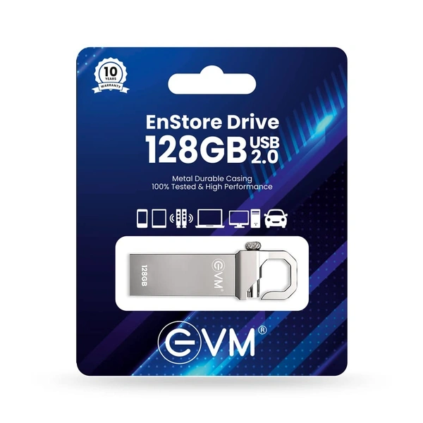 EVM EnStore 128 GB Metal USB 2.0 Flash Drive - High Read Speeds up to 15MB/s & Write Speeds up to 8MB/s - Durable Metal Casing - Ideal for Data Transfer & Storage - (EVMPD/128GB) - 128 GB