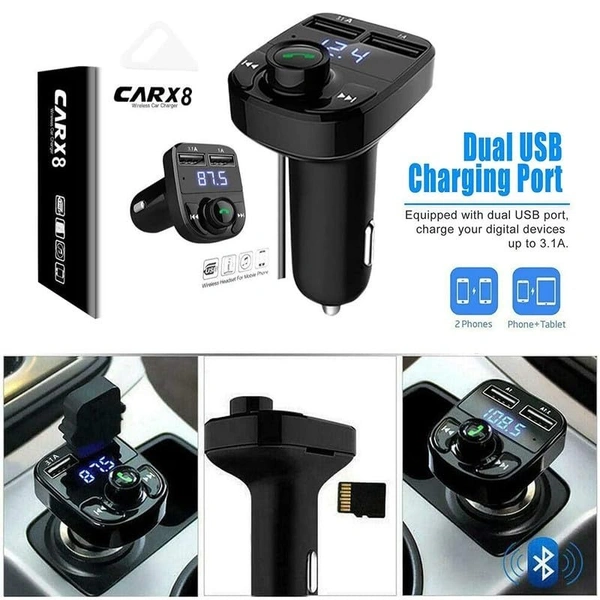 VEV CARX8 Universal Wireless Bluetooth FM Transmitter in Car Adapter for Hands-Free Call Receiver- Stereo Music Player- TF Card - Aux Connector & 2 USB Charger with Modular LCD Display (Black)
