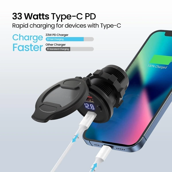 Portronics SPARK 51W Multi-Vehicle Phone Charger, 33W Type-C Power Delivery, 18W USB Fast Charging, Type-C & USB Dual Output, for Motorcycles & Scooters (Black)