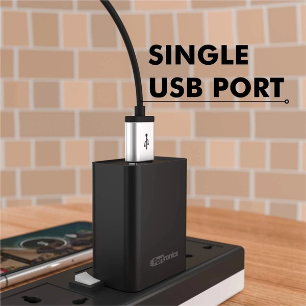 Portronics Adapto 62 C 2.4A 12W Fast Wall Charger with 1M Type C Cable, BIS Certified, Single USB Charging Adapter (Black)
