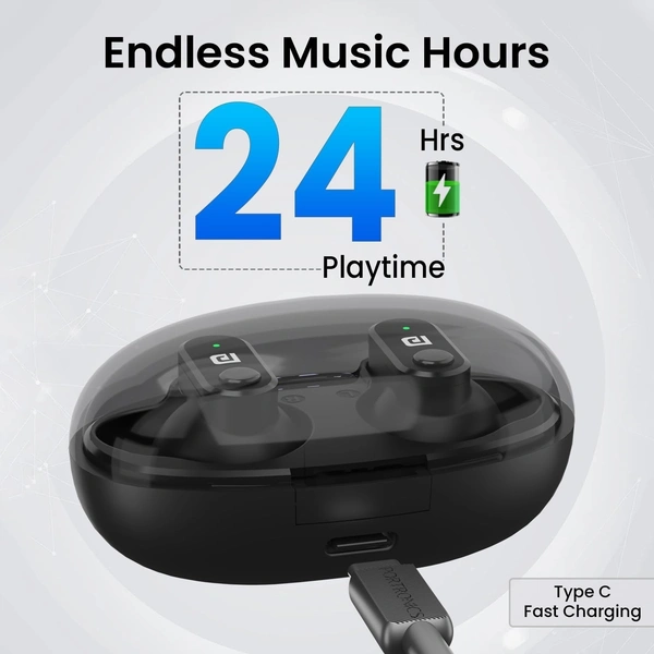 PORTRONICS  Portronics Harmonics Twins S16 in Ear Wireless TWS Earbuds with 24 Hrs Playtime, Clear Calls, Game & Music Mode, Low Latency, Bluetooth 5.3v, LED Display, Type C Fast Charging(Black)