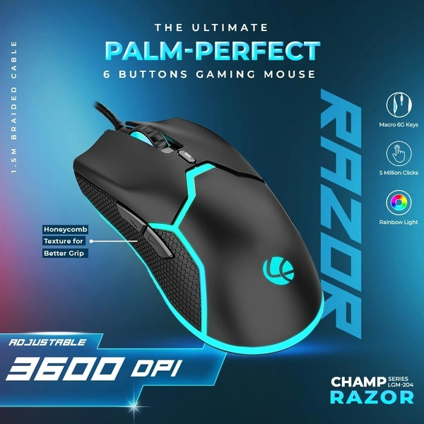 Lapcare LAPCARE Champ Razor LGM-204 |3600 DPI Optical Sensor Gaming Mouse with Rainbow Light | Marco 6G Keys | 5m Clicks | ABS Material | Optical Sensor| Rubber Oil + Laser Carving (Black)