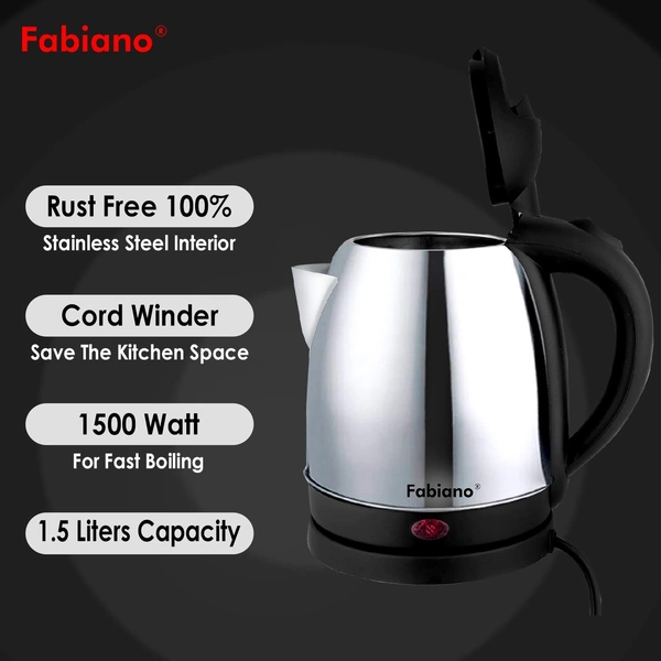 Fabiano EKP-015 Platinum Electric Kettle with Stainless Steel Body, 1.5 litre, used for boiling Water, making tea and coffee, instant noodles, soup & More