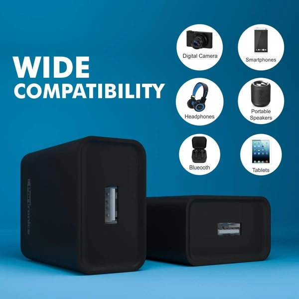 Portronics Adapto 62 C 2.4A 12W Fast Wall Charger with 1M Type C Cable, BIS Certified, Single USB Charging Adapter (Black)
