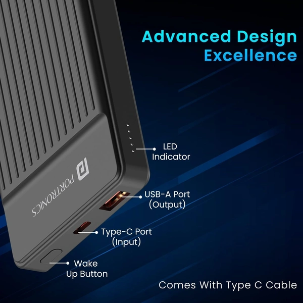 Portronics LUXCELL B12 10,000mAh Ultra Slim Power Bank with USB-A Output Port & Type C Input Port |12W Output |4-Layer Circuit Protection |BIS Certified |Type C Cable (Black)