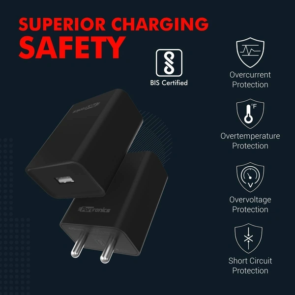 Portronics Adapto 62 C 2.4A 12W Fast Wall Charger with 1M Type C Cable, BIS Certified, Single USB Charging Adapter (Black)