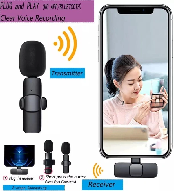 VEV K9 Dual Wireless Lavalier Microphone Plug and Play, No Need APP & Bluetooth Collar Mic for All iPhone, iPad, Mac Devices for YouTube, Live Stream & Video Recording (Black)