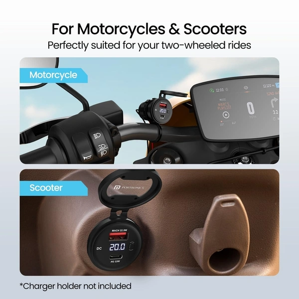 Portronics SPARK 51W Multi-Vehicle Phone Charger, 33W Type-C Power Delivery, 18W USB Fast Charging, Type-C & USB Dual Output, for Motorcycles & Scooters (Black)