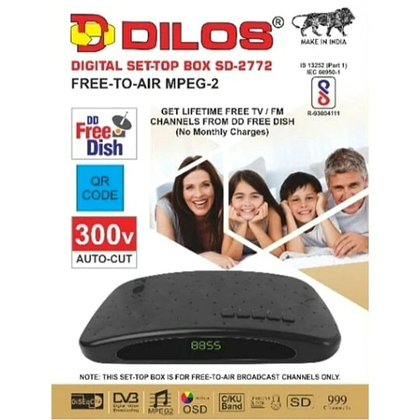 DILOS HR-6SE Digital Set-Top Box SD-2772 | Free-to-Air MPEG-2 | Get Lifetime Free TV / FM 999 Channels From DD Free Dish (No Monthly Charges) (Black)