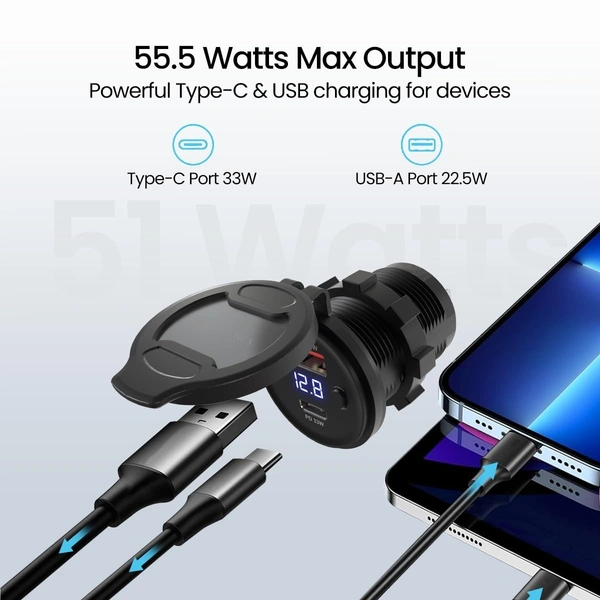 Portronics SPARK 51W Multi-Vehicle Phone Charger, 33W Type-C Power Delivery, 18W USB Fast Charging, Type-C & USB Dual Output, for Motorcycles & Scooters (Black)