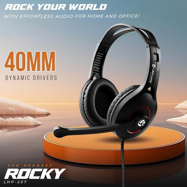 Lapcare LAPCARE ROCKY LHP-207 | 20mW USB Headset with 40mm Drivers | Adjustable Microphone | Form Ear Pads | Super Anti-Violence | Long Cord (Black)